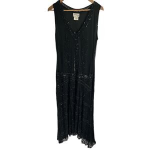 VTG Sténay Size 12 Black Sleeveless Evening Dress Intricate Beaded V Neck 1920s